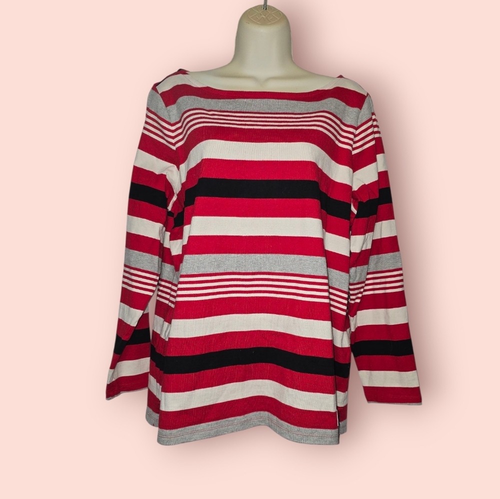 Talbots Authentic Long Sleeve Striped Tee Red/White/Black/Gray Cotton Basics 1X
